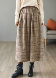 Khaki Plaid Cotton A Line Skirt Elastic Waist Thick Spring