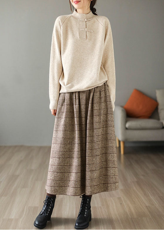 Khaki Plaid Cotton A Line Skirt Elastic Waist Thick Spring