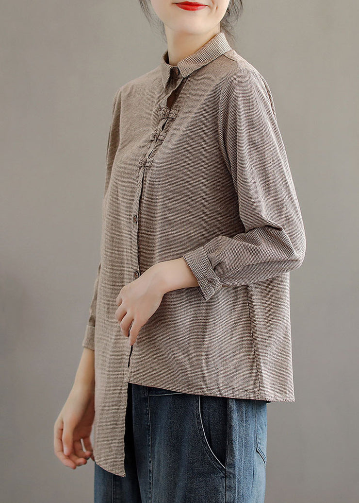 Khaki Plaid Cotton Blouse Tops Asymmetrical Button Long Sleeve