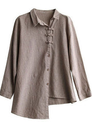 Khaki Plaid Cotton Blouse Tops Asymmetrical Button Long Sleeve