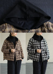 Khaki Plaid Fine Cotton Filled Puffers Jackets Zip Up Winter