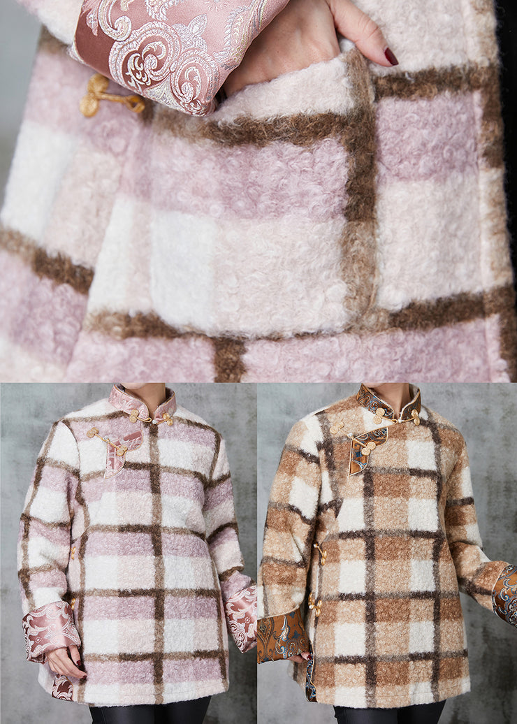 Khaki Plaid Fine Cotton Filled Woolen Coats Chinese Button Spring