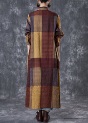 Khaki Plaid Linen Maxi Dresses Oversized Fall
