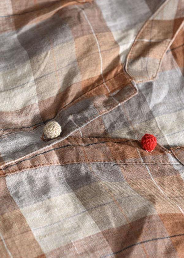 Khaki Plaid Patchwork Summer Linen Top Long Sleeve - SooLinen