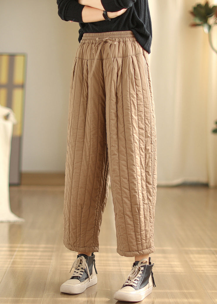 Khaki Pockets Casual Fine Cotton Filled Pants Elastic Waist Winter