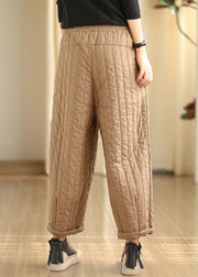 Khaki Pockets Casual Fine Cotton Filled Pants Elastic Waist Winter