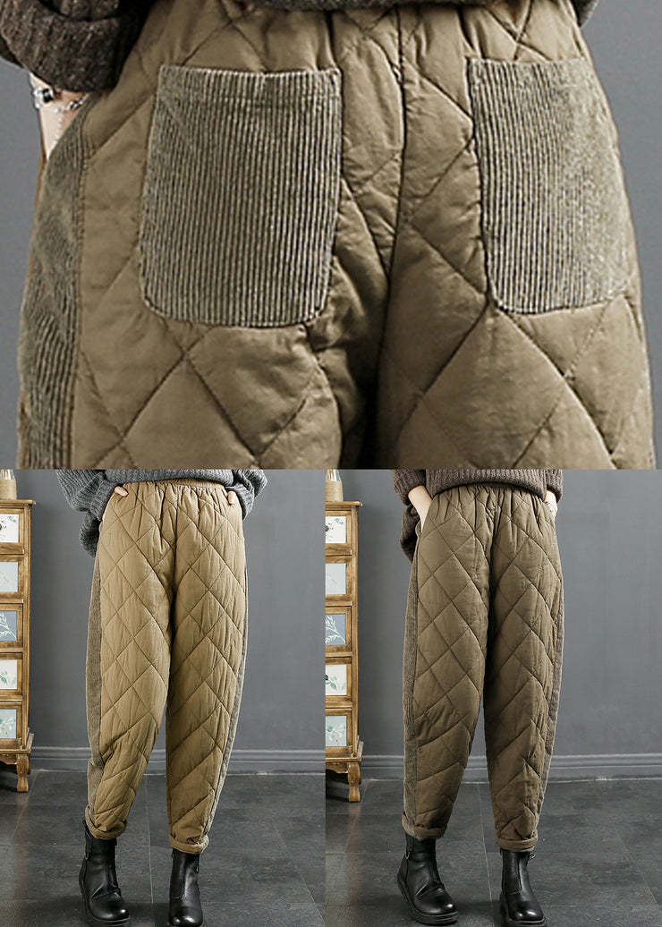 Khaki Pockets Cotton Filled Crop Pants Elastic Waist