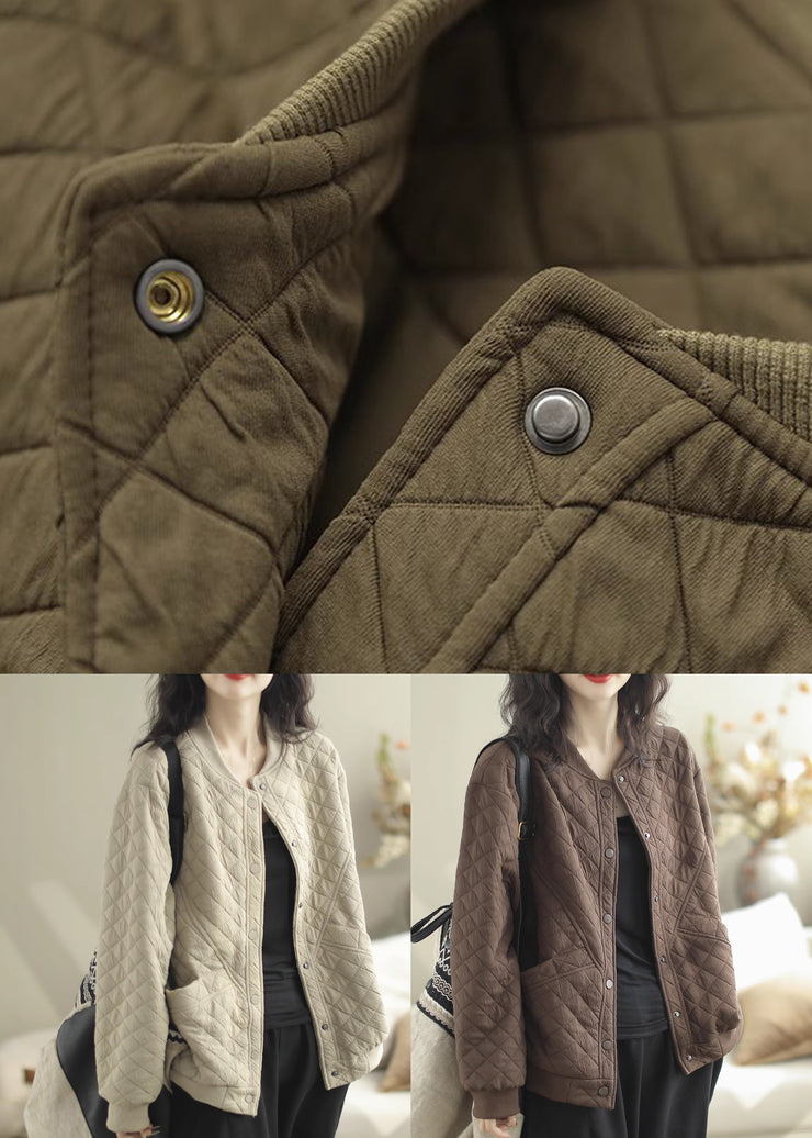 Khaki Pockets Loose Fine Cotton Filled Coat Stand Collar Winter