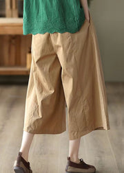 Khaki Pockets Patchwork Cotton Crop Pants Elastic Waist Summer