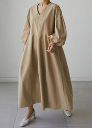 Khaki Pockets Patchwork Cotton Dress Long Sleeve