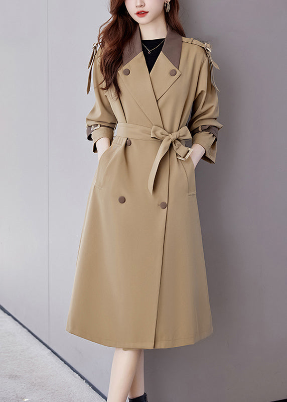 Khaki Pockets Patchwork Cotton Trench Coat Notched Long Sleeve