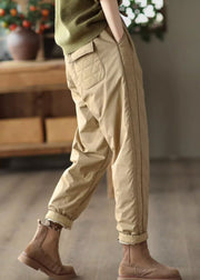 Khaki Pockets Patchwork Fine Cotton Filled Pants Elastic Waist Winter