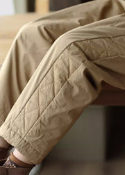 Khaki Pockets Patchwork Fine Cotton Filled Pants Elastic Waist Winter