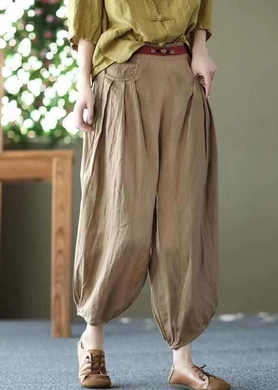 Khaki Pockets Patchwork Linen Crop Pants Elastic Waist Summer