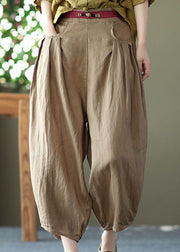 Khaki Pockets Patchwork Linen Crop Pants Elastic Waist Summer