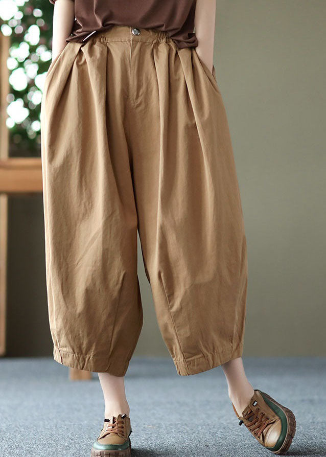Khaki Pockets Patchwork Linen Crop Pants Wrinkled Summer