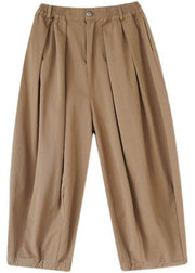 Khaki Pockets Patchwork Linen Crop Pants Wrinkled Summer