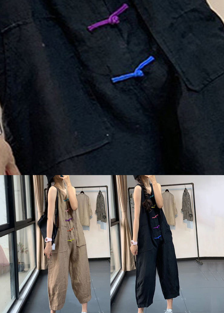 Khaki Pockets Patchwork Linen Jumpsuits Chinese Button Sleeveless