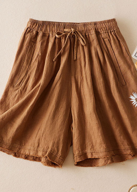 Khaki Pockets Patchwork Linen Shorts Embroidered Cinched Summer