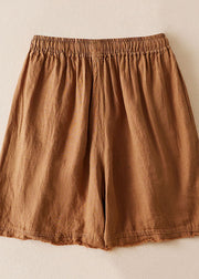 Khaki Pockets Patchwork Linen Shorts Embroidered Cinched Summer
