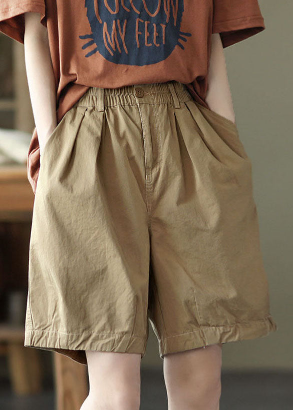 Khaki Taschen Feste Baumwolle Overalls Shorts Elastische Taille Sommer