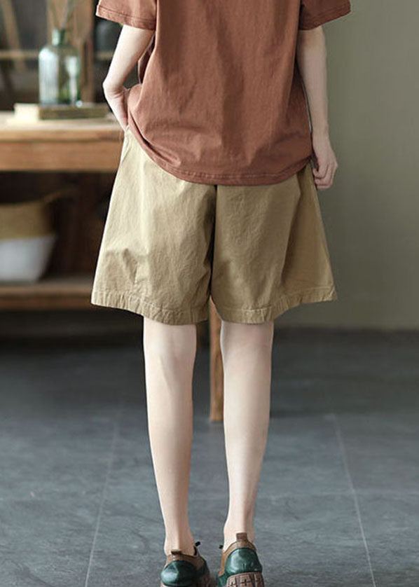 Khaki Pockets Solid Cotton Overalls Shorts Elastic Waist Summer