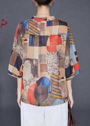 Khaki Print Chiffon Shirts Stand Collar Drawstring Half Sleeve