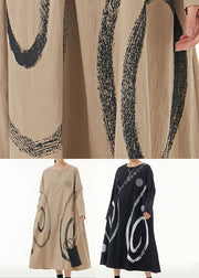 Khaki Print Cotton Long Dress O-Neck Oversized Spring