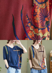 Khaki Print Knit Blouses V Neck Drawstring Half Sleeve
