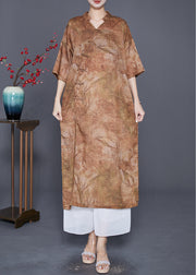 Khaki Print Linen Dress Chinese Button Side Open Summer