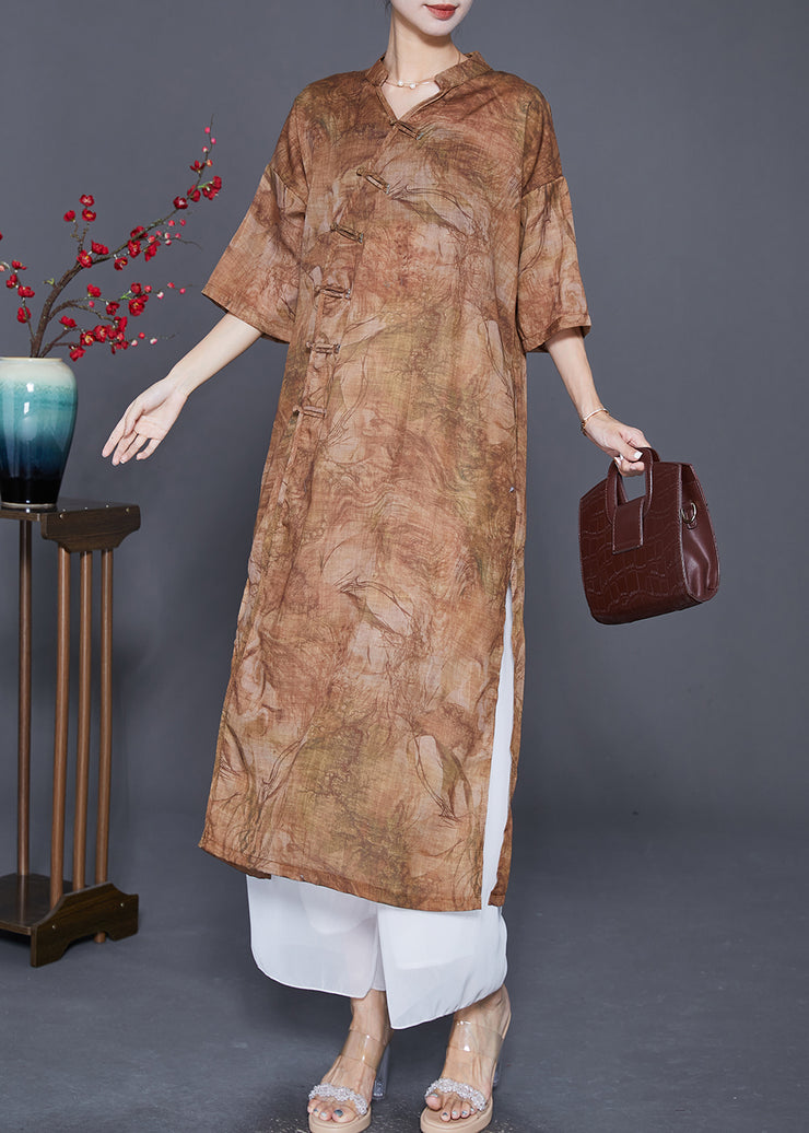 Khaki Print Linen Dress Chinese Button Side Open Summer