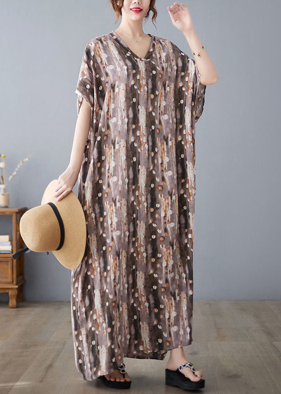 Khaki Print Linen Dresses Caftan Oversized Summer