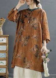 Khaki Print Linen Mid Dress Chinese Style Bracelet Sleeve