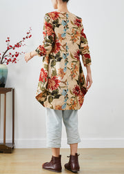 Khaki Print Linen Mid Dresses V Neck Slim Fit Fall