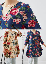 Khaki Print Linen Mid Dresses V Neck Slim Fit Fall