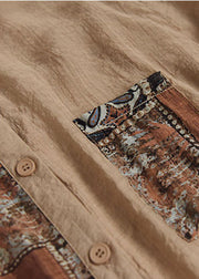 Khaki Print Linen Shirts Peter Pan Collar Button Long Sleeve