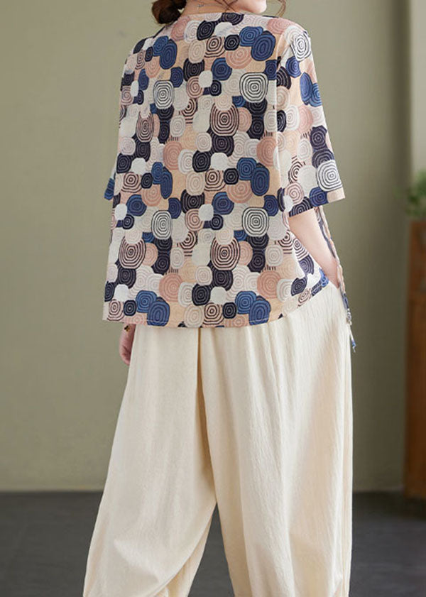 Khaki Print Patchwork Cotton Top V Neck Lace Up Summer