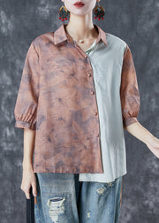 Khaki Print Patchwork Linen Shirt Top Asymmetrical Half Sleeve