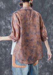 Khaki Print Patchwork Linen Shirt Top Asymmetrical Half Sleeve