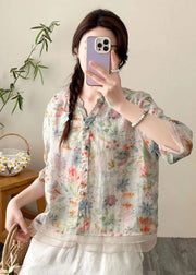 Khaki Print Patchwork Linen Shirt Top V Neck Button Summer