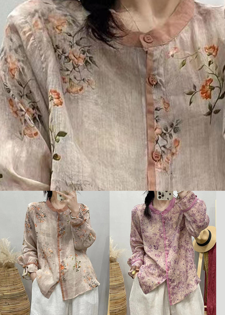 Khaki Print Patchwork Linen Shirts Top Button Long Sleeve