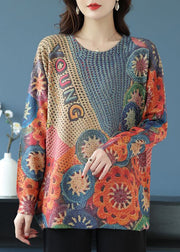 Khaki Print Patchwork Wool Knit Top O Neck Long Sleeve
