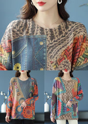 Khaki Print Patchwork Wool Knit Top O Neck Long Sleeve