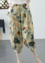 Khaki Print Pockets Patchwork Linen Crop Pants Cinched Summer