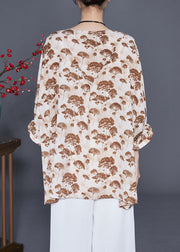 Khaki Print Silk Shirt Oversized Low High Design Batwing Sleeve