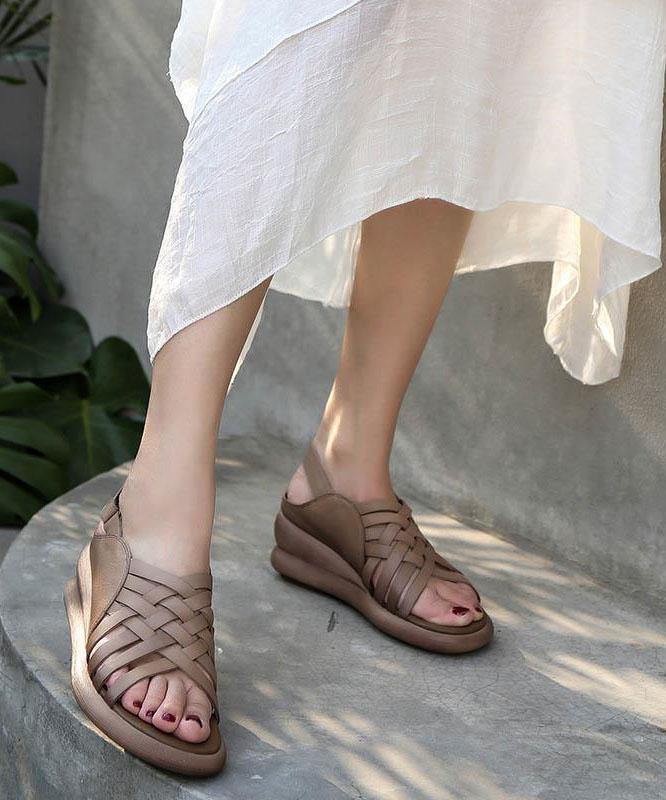 Khaki Sandals Wedge Cowhide Leather Plus Size Sandals - SooLinen