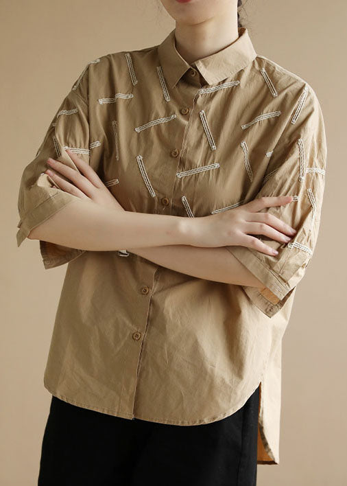 Khaki Side Open Cotton Shirt Tops Low High Design Half Sleeve