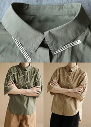 Khaki Side Open Cotton Shirt Tops Low High Design Half Sleeve