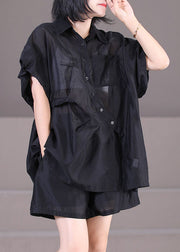 Khaki Silk Shirts And Shorts Two Piece Suit Set Drawstring Asymmetrical Button Summer