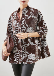Khaki Silk Velour Shirt Tops Stand Collar Leaf Sequins Spring